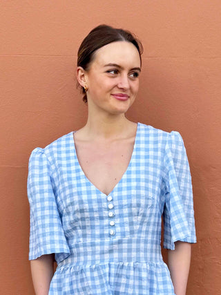 UK-made gingham dress in soft seersucker cotton, part of a limited edition collection by The Well Worn