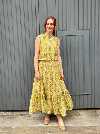 women wearing lemon print top front view