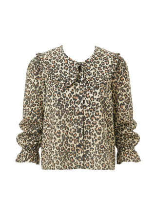 Leopard print blouse with ruffled details on a white background