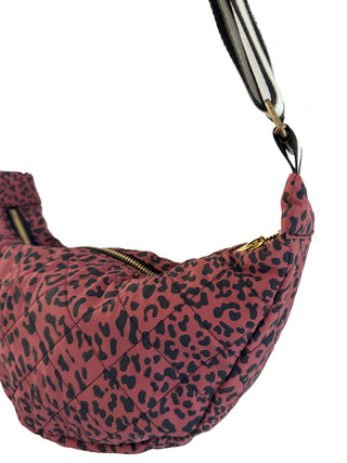 Pink leopard print bag with a carabiner on a white background