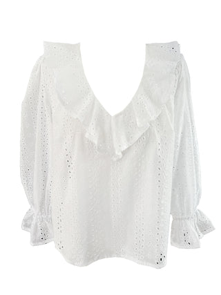 White blouse with eyelet details on a white background