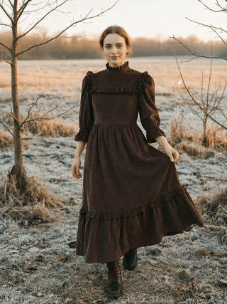 model wearing cord dress in winter scene