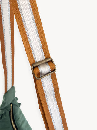 Close-up of a strap with a buckle on a white background