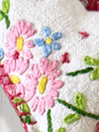 Close-up of embroidered flowers on a white fabric background