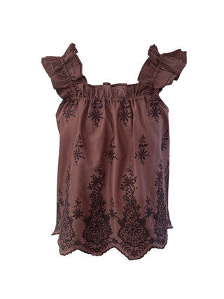 A brown sleeveless top with ruffled shoulder straps, a gathered elastic neckline, and black floral embroidery across the front, shown against a plain white background.