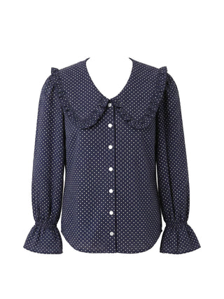 Navy blue blouse with white polka dots on a white background