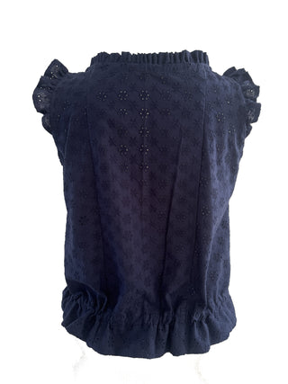 A navy blue eyelet lace top with ruffled sleeves and a ruffled neckline, shown against a plain white background.