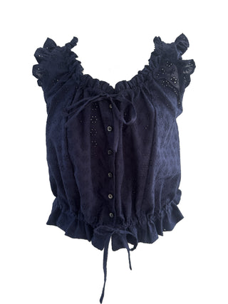 A dark navy blue eyelet lace top with ruffled shoulder straps, a button-down front, and a drawstring tie at the waist, shown against a plain white background.