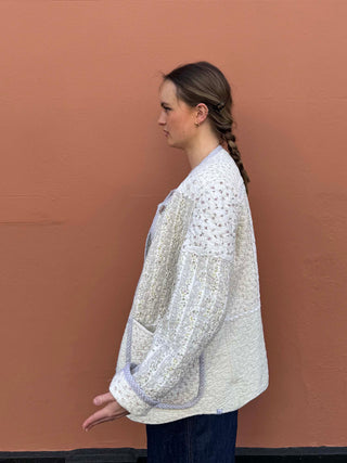 One-of-a-kind cream quilt jacket featuring ric rac detail, upcycled from vintage quilt, made in the UK