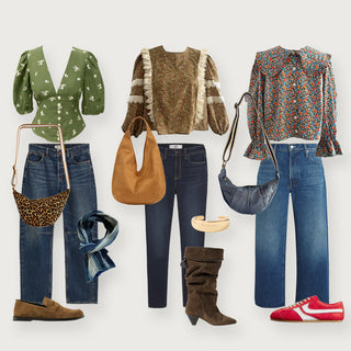 Collection of clothing and accessories including tops, jeans, shoes, and handbags on a white background.