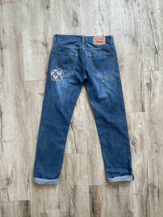 deep indigo patched denim back