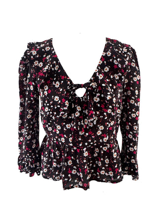 Front view of The Ambrose Top – floral fitted blouse with tie and ruffle neckline