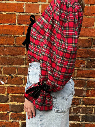 women wearing tartan top sleeve detail
