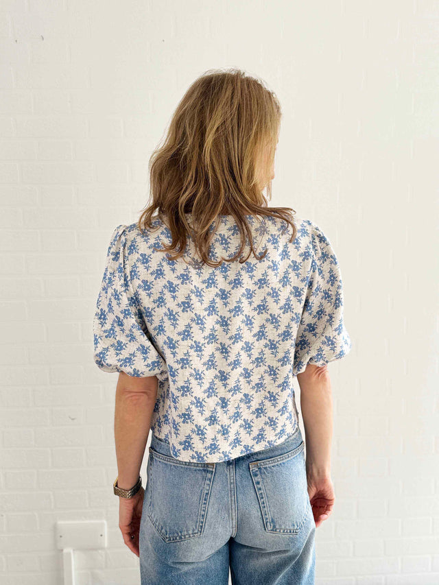 The Well Worn women wearing vintage fabric top back