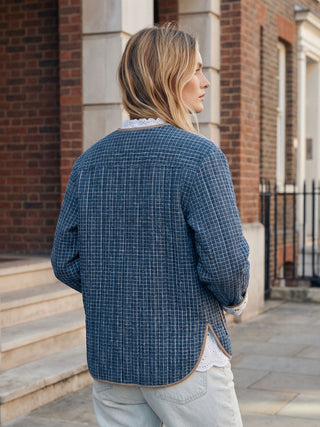 model wearing quilted jacket in town