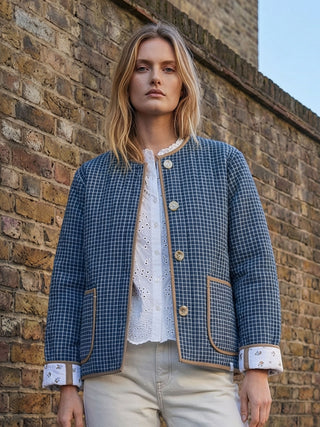 model wearing quilted jacket outside