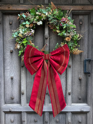 red stripe bow on wreath