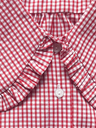 Red and white checkered fabric with ruffled collar and buttons.