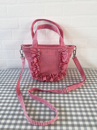 Eco-friendly red gingham tote bag with ruffle detail, ethically produced in Britain