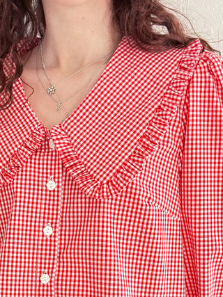 Red and white checkered blouse with ruffled details