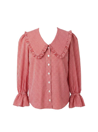 Red and white checkered blouse with ruffled collar on a white background