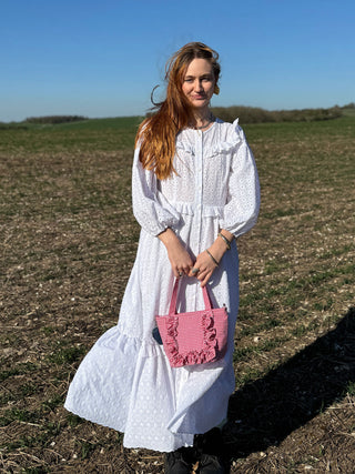 Sustainably made small red gingham ruffle tote bag handmade in the UK
