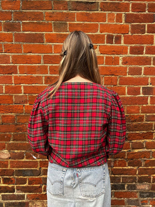 women wearing tartan top back