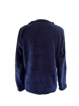 Navy blue sweater with decorative elements on a white background