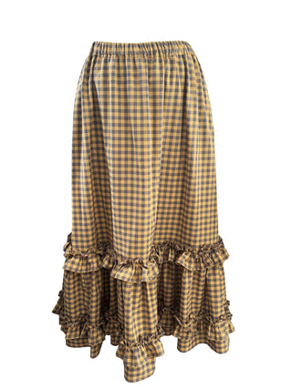 A brown and beige gingham plaid midi skirt with an elastic waistband and tiered ruffle hems, shown against a plain white background.