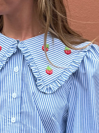 Close-up of a blue and white striped shirt with embroidered strawberry details.