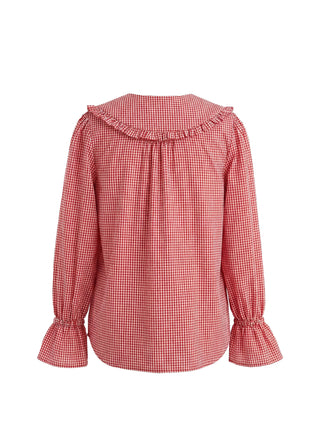 Red and white checkered blouse with ruffled collar on a white background