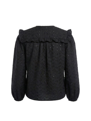 Black textured blouse with ruffled collar on a white background