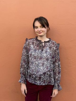 women wearing paisley boho blouse front view
