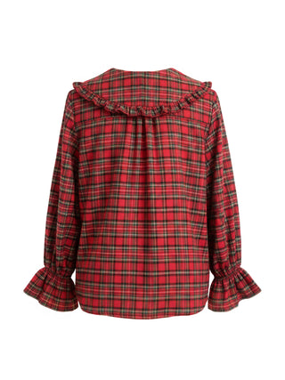 Red plaid blouse with ruffled collar and cuffs on a white background