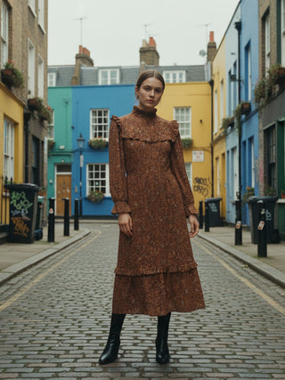 Woman in a brown dress standing on a colorful street in London