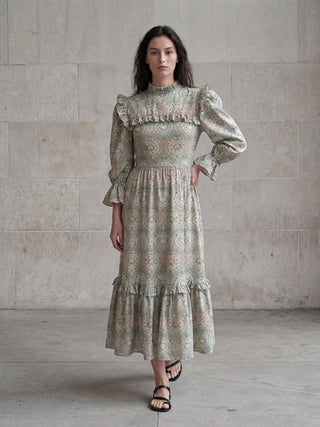 model wearing printed dress
