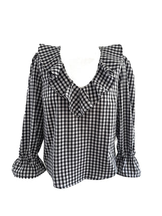 Black and white checkered blouse with ruffled collar on a white background
