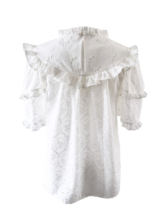 White blouse with ruffled sleeves and neckline on a white background