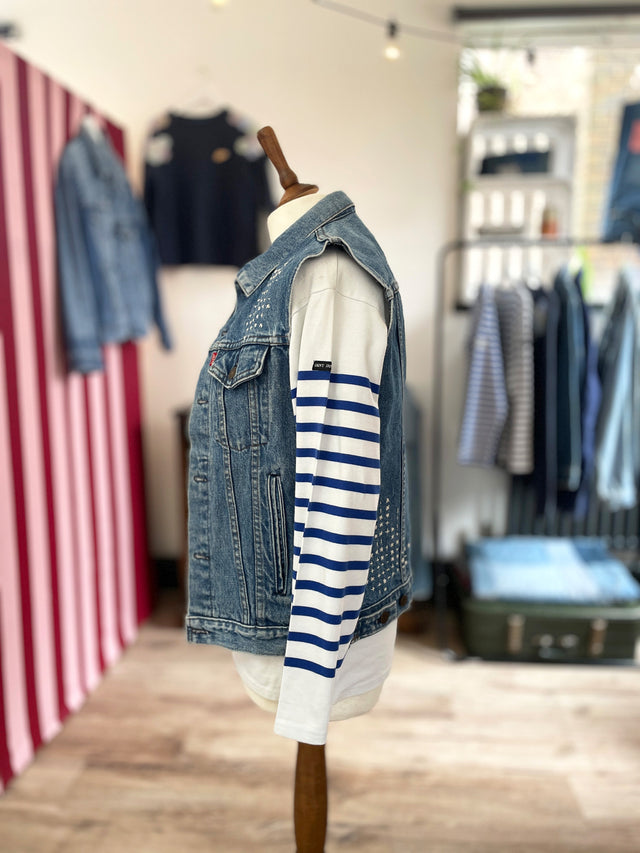 The Well Worn upcycled denim waistcoat on mannequin side