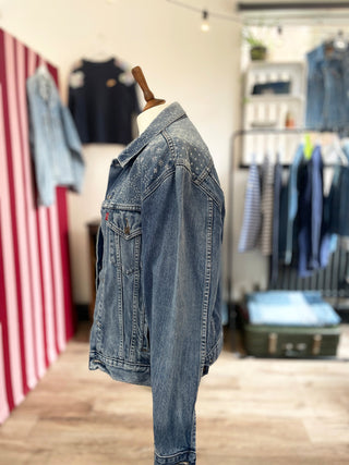 sashiko stitched denim jacket on mannequin side
