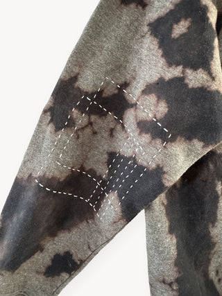 Close-up of a tie-dye-patterned fabric with stitching details on a white background