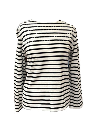 Black and white striped long-sleeve top on a white background