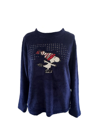 Navy blue sweatshirt with snoopy character design on a white background