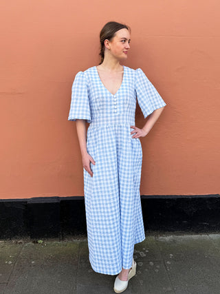 Limited run handmade gingham dress in textured seersucker, crafted in Britain by The Well Worn