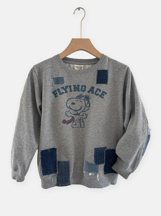 Gray sweater with 'Flying Ace' and cartoon character on a hanger against a white background
