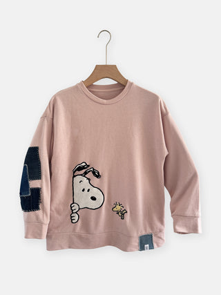 Pink sweatshirt with cartoon character on a hanger against a white background