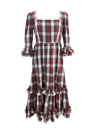 A long-sleeve plaid midi dress with puff sleeves, a square neckline, and tiered ruffle details at the waist and hem, shown against a plain white background.