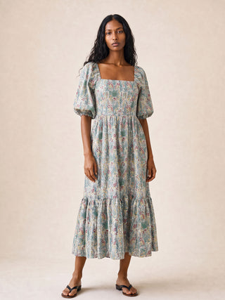 women wearing floral square neck dress
