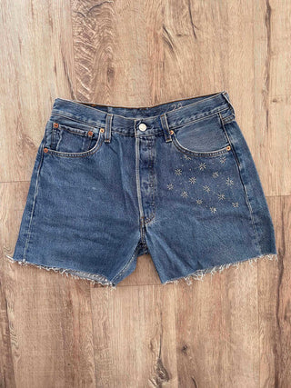 stitched denim shorts