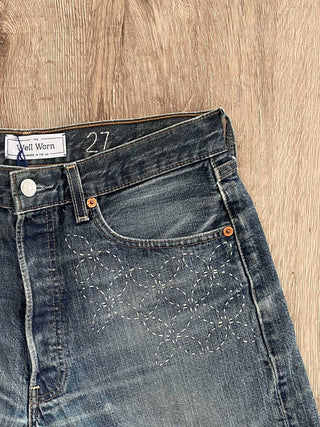 stitched denim shorts